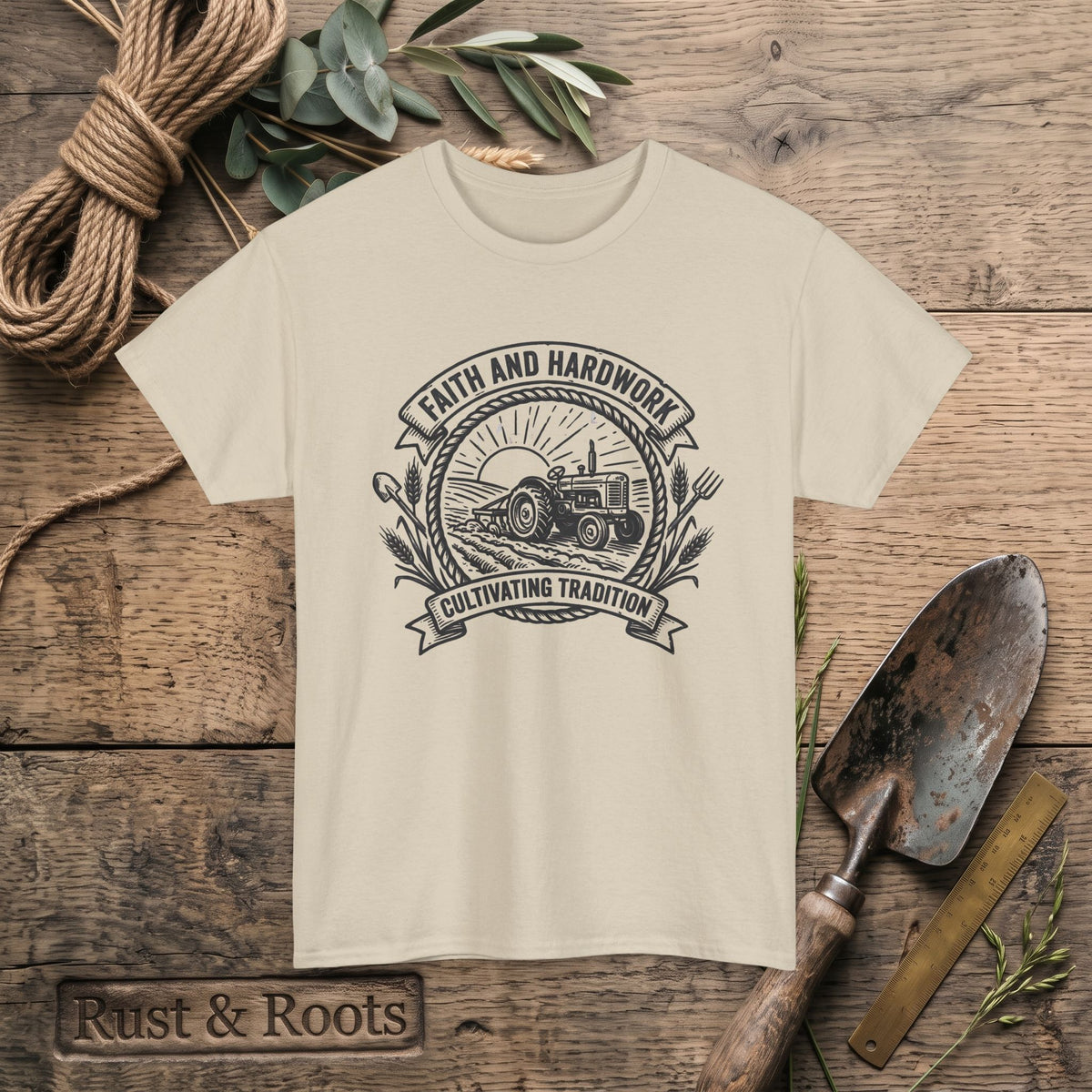 Tractor Farm Tee — "Faith and Hardwork, Cultivating Tradition" Vintage Farm Crew Shirt