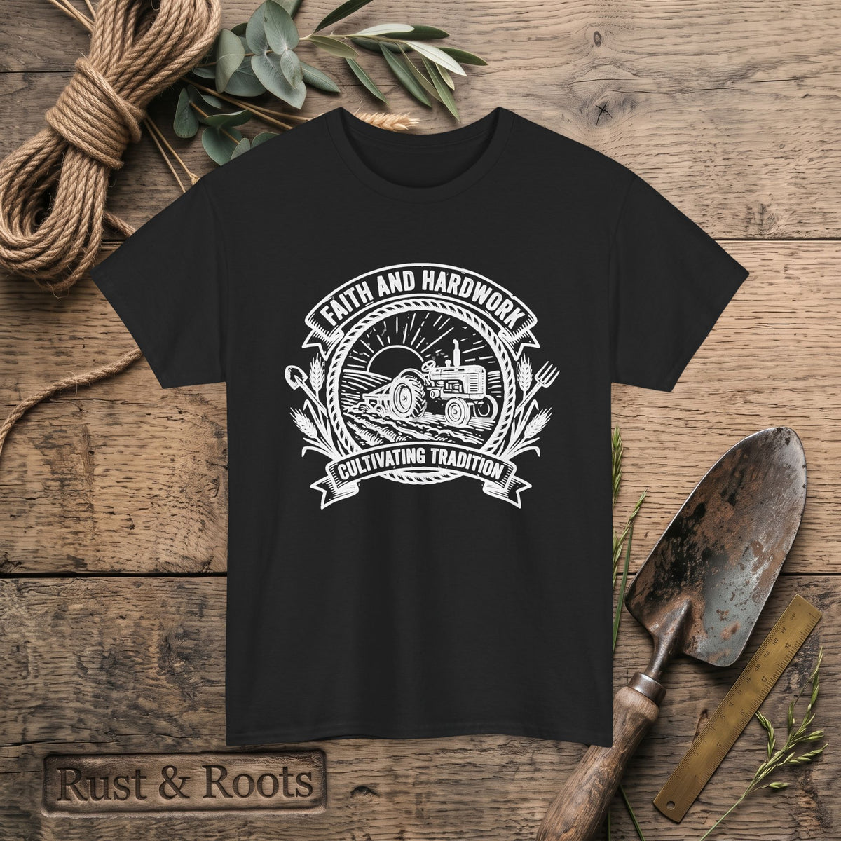 Tractor Farm Tee — "Faith and Hardwork, Cultivating Tradition" Vintage Farm Crew Shirt