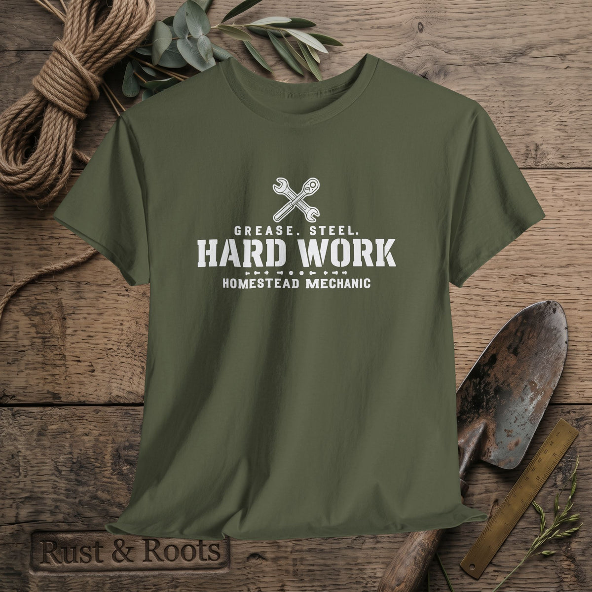 Hard Work Homestead Mechanic T‑Shirt — Grease, Steel Vintage Wrench Tee