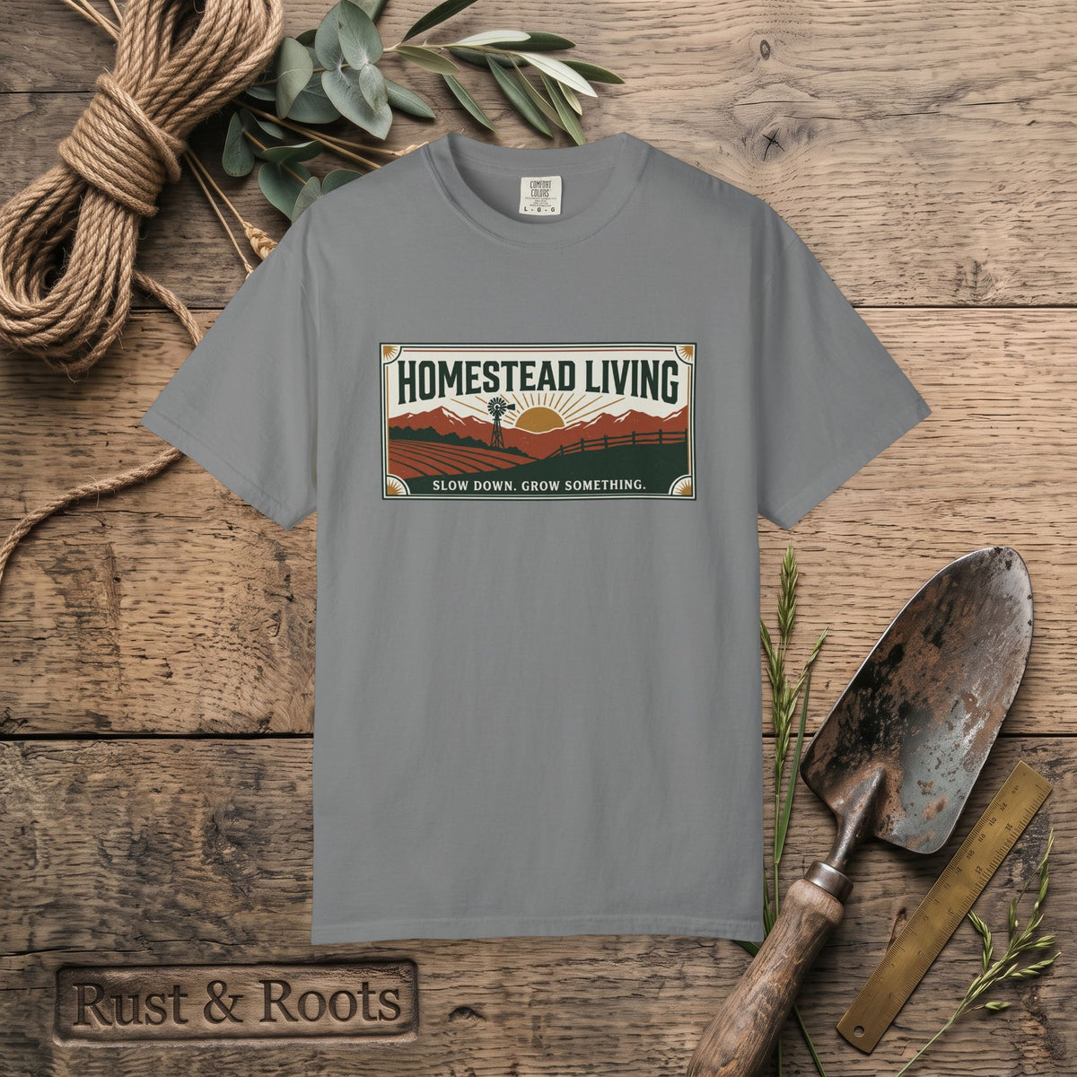 Homestead Living T-Shirt — 'Slow Down, Grow Something' Rustic Farm Tee