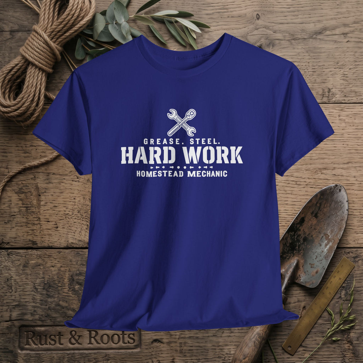 Hard Work Homestead Mechanic T‑Shirt — Grease, Steel Vintage Wrench Tee