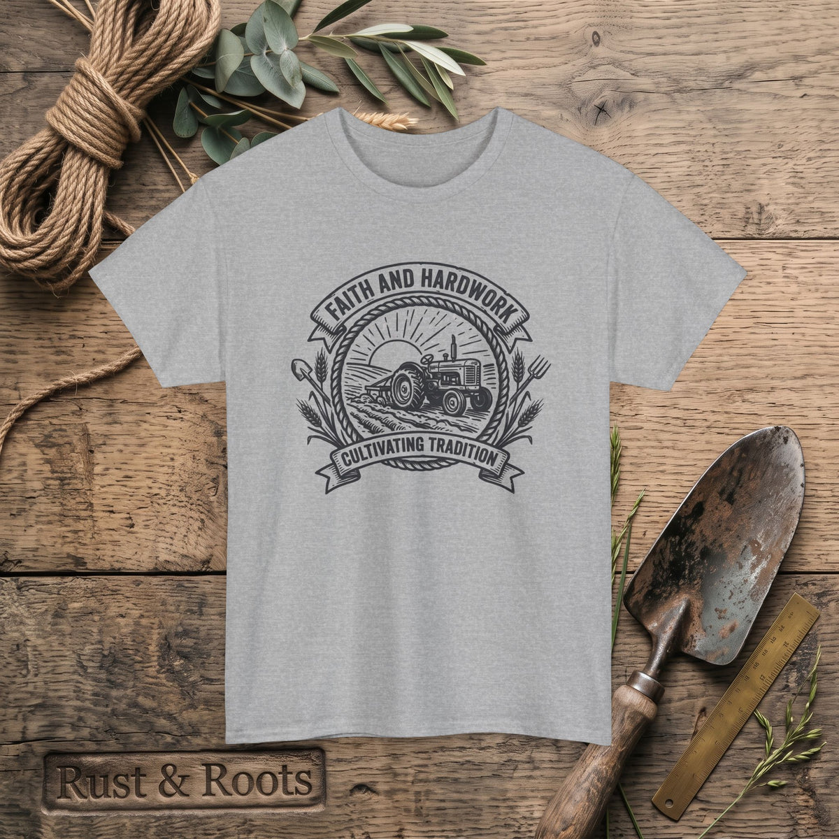 Tractor Farm Tee — "Faith and Hardwork, Cultivating Tradition" Vintage Farm Crew Shirt