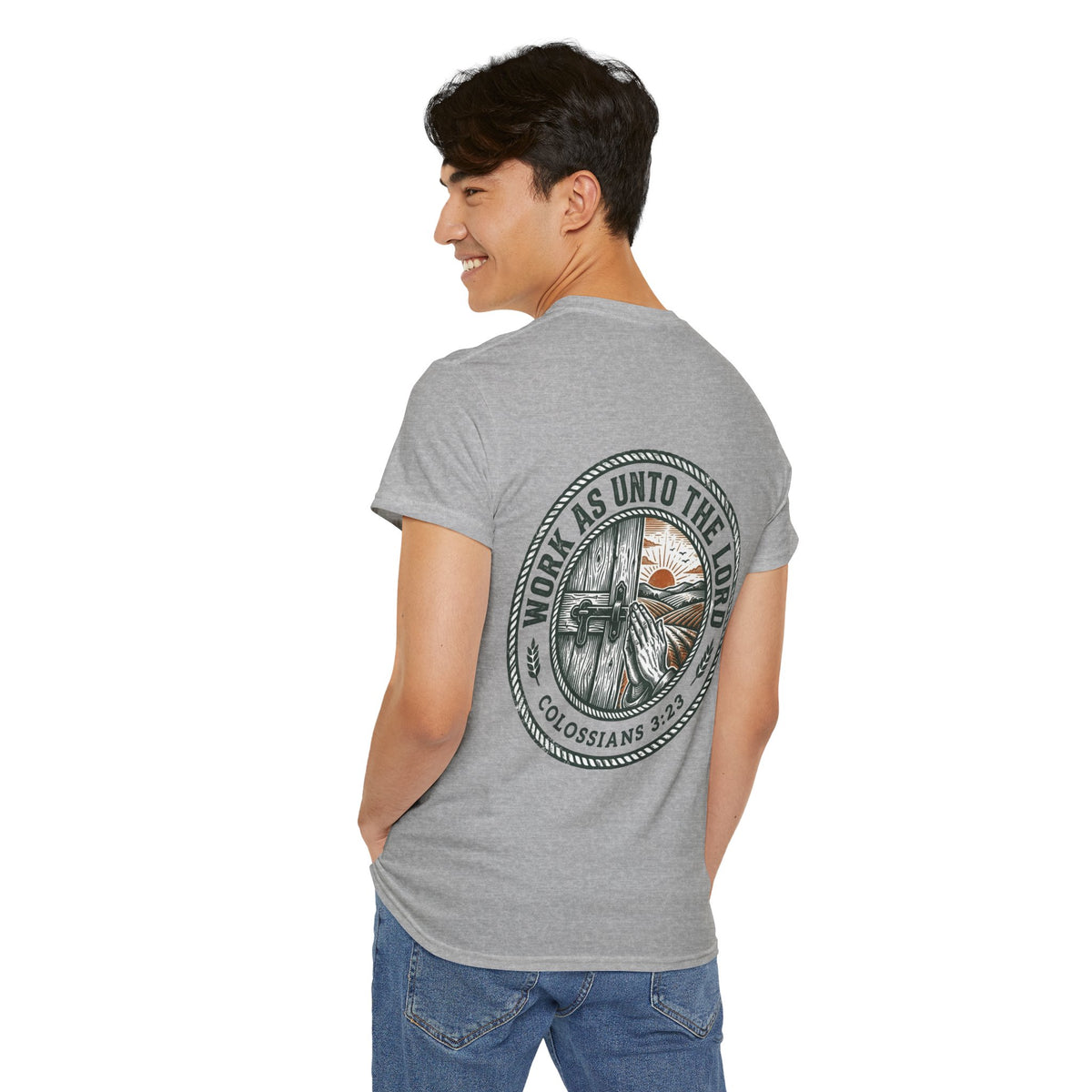 T-Shirt — “Work As Unto The Lord” Christian Faith Tee (Colossians 3:23)