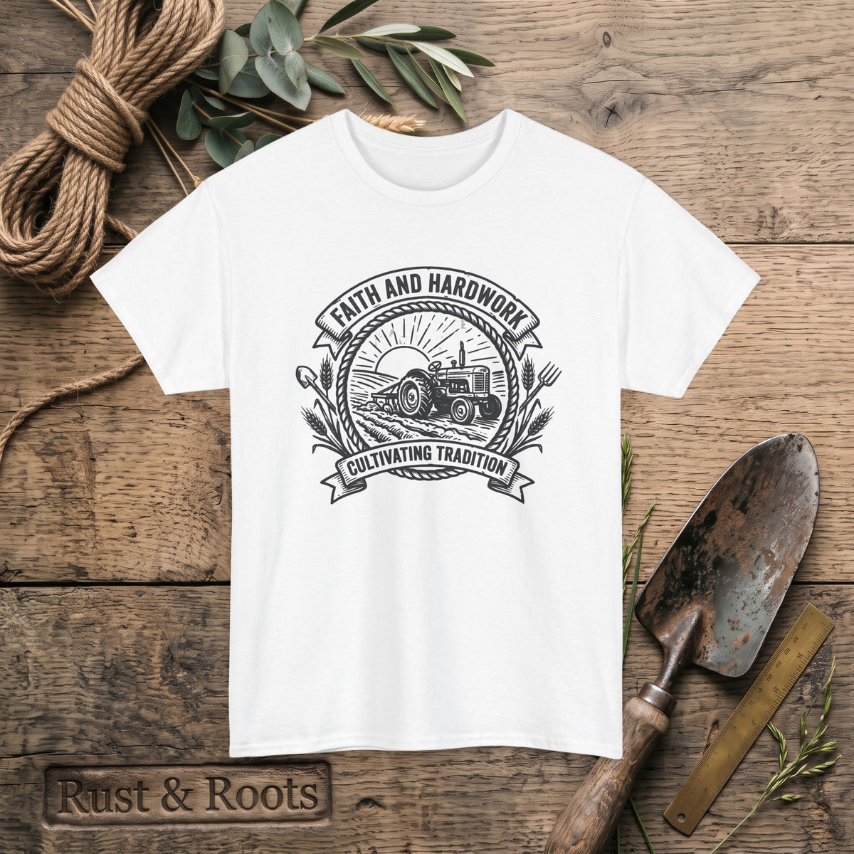 Tractor Farm Tee — "Faith and Hardwork, Cultivating Tradition" Vintage Farm Crew Shirt