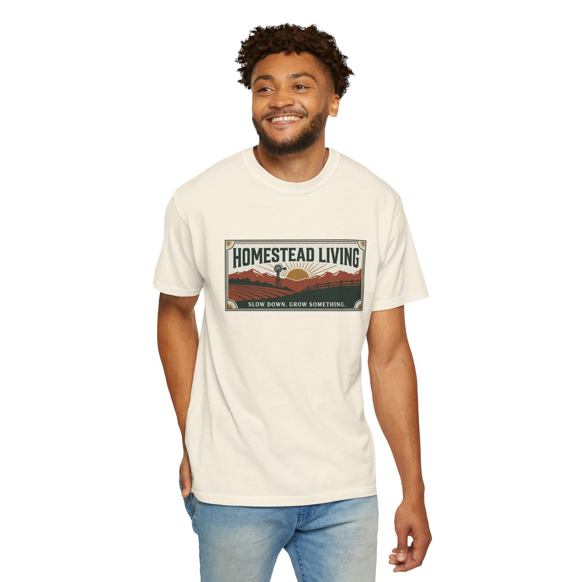 Homestead Living T-Shirt — 'Slow Down, Grow Something' Rustic Farm Tee